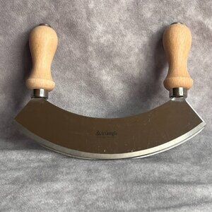 Triangle Double-Handled Mezzaluna Knife Stainless Steel & Wood Handles 7" Blade